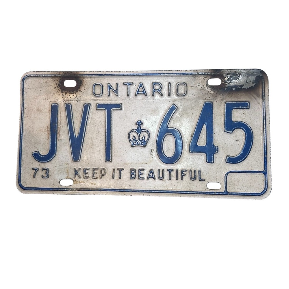 Vtg 1973 Ontario License Plate JVT 645 Keep It Beautiful Blue Crown Collectible